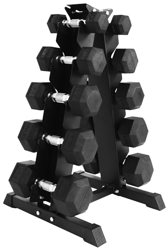 BalanceFrom Rubber Coated Hex Dumbbell Weight Set with Storage Rack, 100LB or 150LB or 200LB Set, 5-20 lbs or 5-25 lbs or 10-30 lbs Pairs - style: 150LB Set with Rack