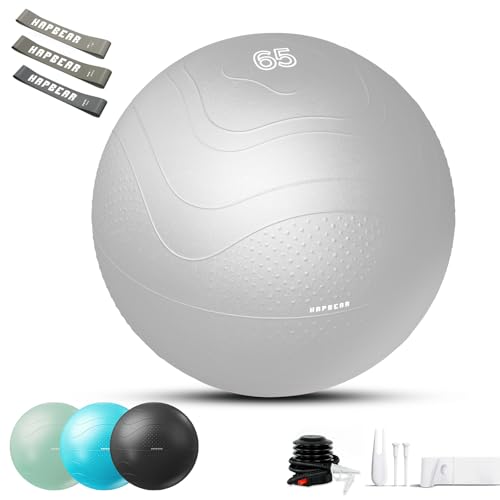 HAPBEAR Exercise Ball (22''/26''/30'') - Anti-Burst Slip-Resistant Yoga/Pilates Ball for Core Training & Posture Improvement, Home Gym/Rehab/Pregnancy Ball, Quick Pump & 3 Resistance Bands Included - color: Grey, size: L (23-26IN / 58-65cm)