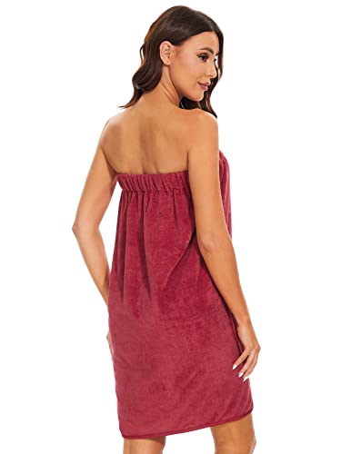 Knuffnee Women Bath Towel Robe Spa Body Wrap Shower Bathrobe Adjustable Snap Closure - color: Wine Red, size: Small-Medium