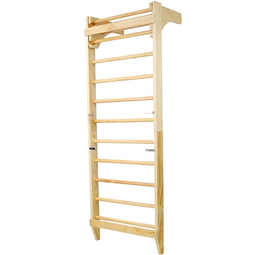 Adjustable Swedish Stall Bars & Pull-Up Bar for Home Gym, Physical Therapy - Heavy-Duty Beech/Pine Wood, Space-Saving Wall-Mounted Design