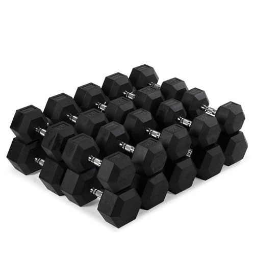Titan Fitness Rubber Hex Dumbbells, 5 LB-50 LB Set of Pairs, Roll-Resistant Hexagonal Free Weights, Hex Dumbbell set with Chrome-Coated Handles, Free Weight Set, Strength Training Equipment