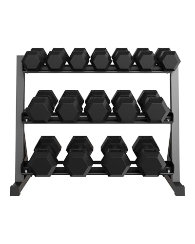 Heavy Duty 3-Tier Dumbbell Rack for Home Gym – Steel Weight Storage Stand, Angled Non-Slip Shelves, Rubber Guard, Holds 5/6 Hex Dumbbell Pairs, 480/800/1000 LB Capacity, Black