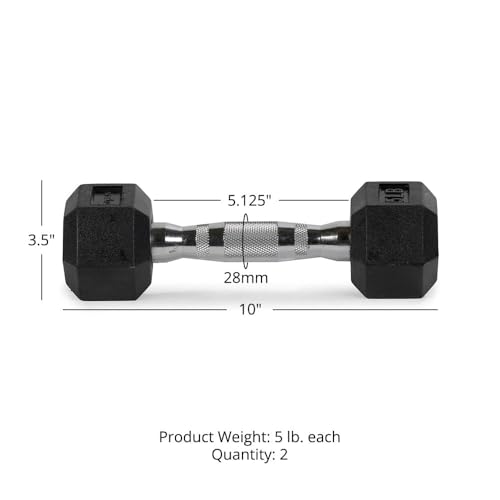 Titan Fitness Pair Rubber Coated Hex Dumbbells, Roll-Resistant Hexagonal Free Weights, Chrome-Coated Handles with Knurling, Strength Training Equipment - style: 5 lb, Pair