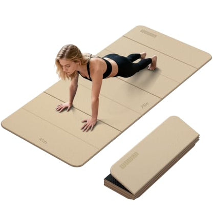 Foldable TPE Yoga Mat Thick 10mm,75" x40"Extra Large Exercise Mats - color: Beige