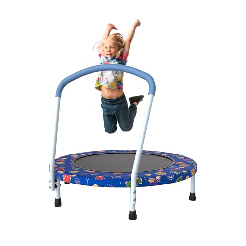 36" Mini Toddler Trampoline with Handles, Indoor Quiet Kids Trampoline with Super Safety Mat and Durable Steel Frame, Indoor/Outdoor - color: Deep Blue Print