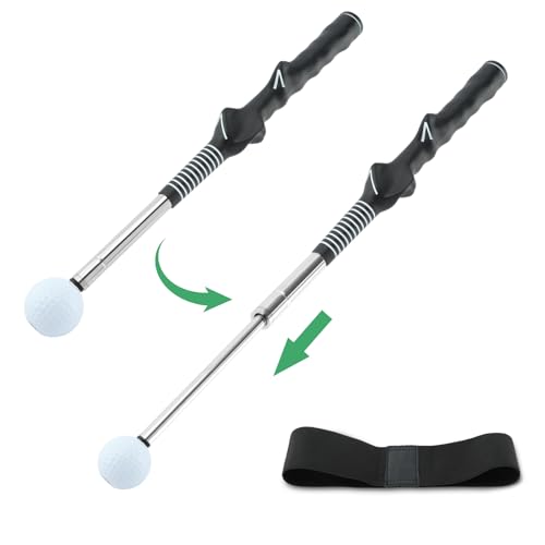 Retractable Golf Swing Trainer for Right-Handed Players, Tempo Stick with Click Feedback, 14.96–27.95 in, Includes Arm Band and Grip Trainer, Indoor Outdoor Warm-Up Practice, Black
