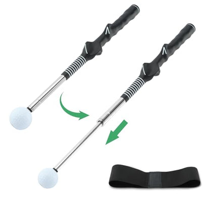 Retractable Golf Swing Trainer for Right-Handed Players, Tempo Stick with Click Feedback, 14.96–27.95 in, Includes Arm Band and Grip Trainer, Indoor Outdoor Warm-Up Practice, Black