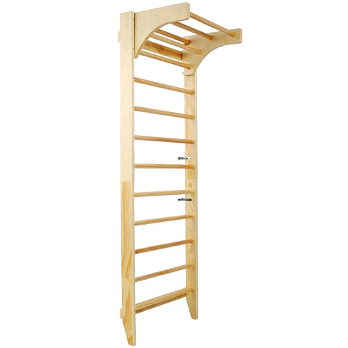 Adjustable Swedish Stall Bars & Pull-Up Bar for Home Gym, Physical Therapy - Heavy-Duty Beech/Pine Wood, Space-Saving Wall-Mounted Design