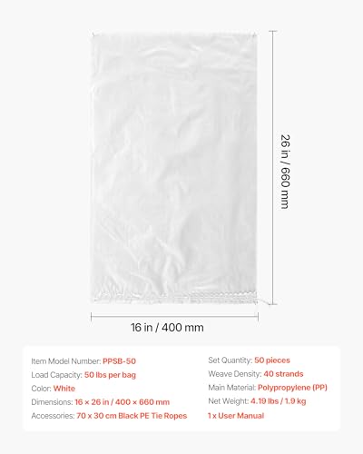 VEVOR Heavy Duty Sand Bags, 50Pack 14" x 26", Empty Sandbags for Flooding with Tie Strings, Woven Polypropylene Sand Bag with 1600 Hours of UV Protection, 50Lbs Capacity - size: 50 PACK