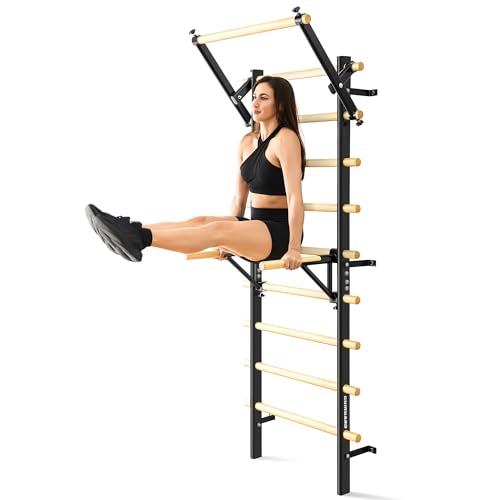 Swedish Ladder, Wood Stall Bar, Swedish ladders Wall Gym Adult, Adjustable Pull Up and Dip Station for Adults and Kids, 9-Anchor Solid Pine, Home Fitness