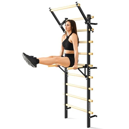 Swedish Ladder, Wood Stall Bar, Swedish ladders Wall Gym Adult, Adjustable Pull Up and Dip Station for Adults and Kids, 9-Anchor Solid Pine, Home Fitness
