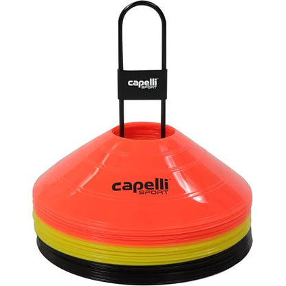 Capelli Sport Training Cones, Set of 30 Agility and Practice Drills Equipment with Metal Carrier for Soccer, Football, Baseball, and Basketball, Multi
