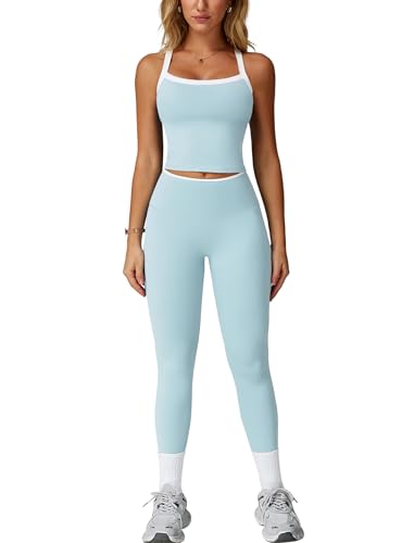 ABOCIW Workout Sets for Women 2 Piece Padded Sports Bra Tank Top High Waist Leggings Sets Gym Yoga Work Out Clothes - color: White Trim Light Blue, size: X-Small