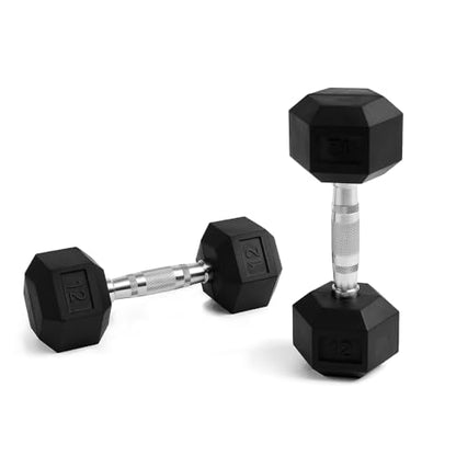 12LB Dumbbell Set (Pair), Rubber Coated Hex Dumbbells with Contoured Chrome Handle, Anti-Roll Free Weights for Home Gym Strength Training