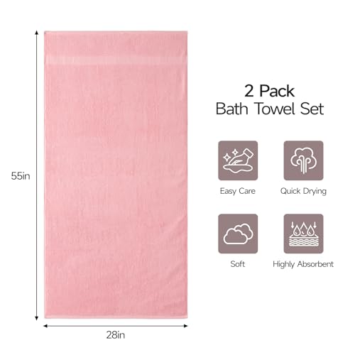 ecolook 2 Pack 100% Cotton Bath Towels, 28 x 55 Inches, Soft | Lightweight, Highly Absorbent & Quick Dry Body Towels for Bathroom, Shower, Gym & Daily Use, Pink - color: Pink