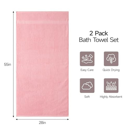 ecolook 2 Pack 100% Cotton Bath Towels, 28 x 55 Inches, Soft | Lightweight, Highly Absorbent & Quick Dry Body Towels for Bathroom, Shower, Gym & Daily Use, Pink - color: Pink