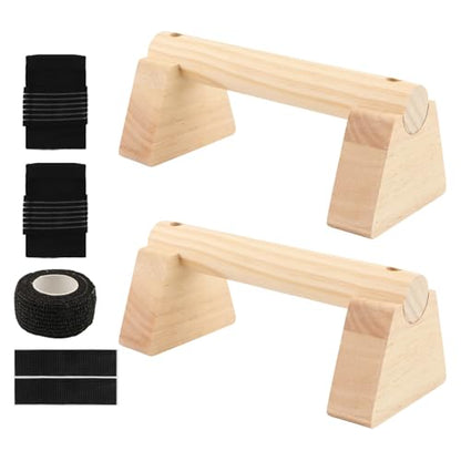 Parallettes Bars Push Up Stand, Wooden Calisthenics Equipment Set with Wrist Wraps, Handstand Trainer Push Up Handles for Men Home Gym with Non-Slip Base