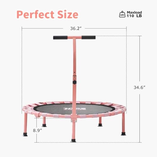 36'' Mini Trampoline for Kids 3-6, Foldable & Spring-Free, Small Toddler Trampoline Indoor Outdoor with Adjustable Handle Bar