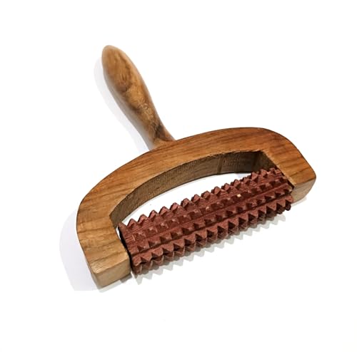 Wooden Roller Massager with Handle, Spiked Acupressure Roller, Natural Wood, Body Massage Tool