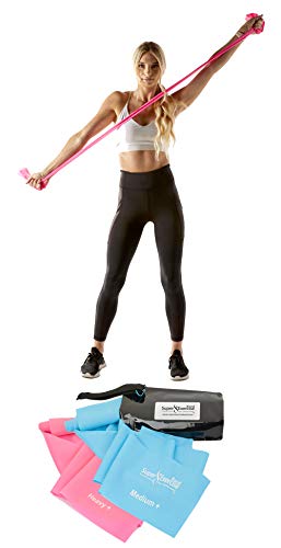 Resistance Bands for Working Out | 7Ft Long Resistance Bands |Super Exercise Bands with Carry Pouch and Door Anchor I Latex Free Workout Bands Including an Exclusive Workout App and E-Book - color: k. MEDIUM+ Sky Blue (7 - 10 lbs. Tension) and HEAVY+ Pink