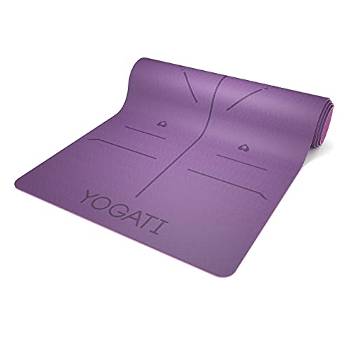YOGATI® Yoga Mat with Strap with Alignment Lines. Home Workout Mat for Women, Men and Kids. Thick Non Slip Yoga Mat for Pilates and Fitness. Brown, Pink and Purple Yoga Mats