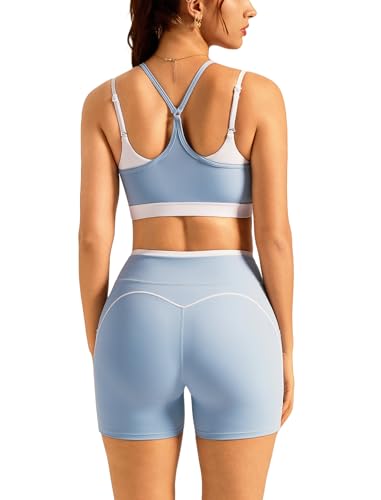 Double Layer Workout Sets for Women 2 Piece Matching Gym Set High Waist Shorts with Pockets Sports Bra Yoga Pilates Outfits