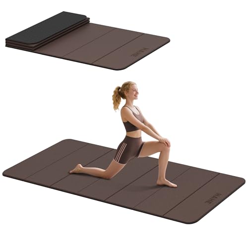 HAHE Foldable Yoga Exercise Mat, 74"Lx32"Wx1/3"Thick, TPE Multi-purpose Workout Mats with Non-slip Surface, Portable for Yoga/Pilates/Studio/Home Gym - color: Dark Brown+Black