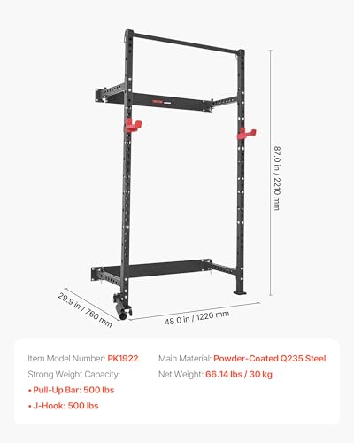 VEVOR Folding Power Cage, Wall-Mounted Power Rack Squat Rack, Multifunctional Strength Training Workout Equipment with Landmine Holder, Adjustable J-Hooks & Pull-Up Bar for Home Gym, 1000LBS Capacity