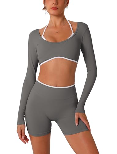 AGYMNX Workout Sets for Women 2 Piece Contrast Panel Long Sleeve Halter Crop Top and Butt-lifting Shorts Jogger Outfits - color: Gray, size: X-Small