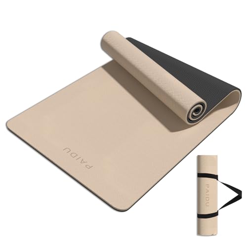 PAIDU Yoga Mat 8mm TPE Non‑Slip Fitness Mat with Strap for Home Workouts - color: Beige&Black