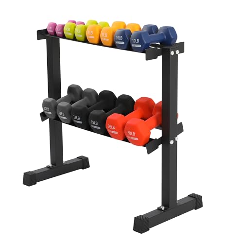 146 Pound Neoprene Coated Non Slip Dumbbells with Rack for Strength Training, Includes 3, 5, 8, 10, 12, 15, & 20 Pound Sets, Multicolor