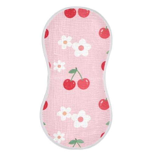 Pink Cherries Muslin Burp Cloths 2 Pack - Extra Large 22"x11", 4-Layer Soft Absorbent Cotton, Waterproof Backing, Baby Drool Rags for Newborn