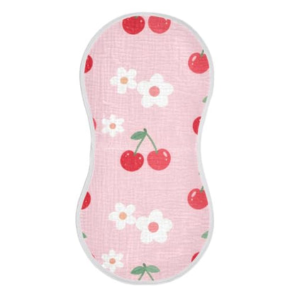 Pink Cherries Muslin Burp Cloths 2 Pack - Extra Large 22"x11", 4-Layer Soft Absorbent Cotton, Waterproof Backing, Baby Drool Rags for Newborn