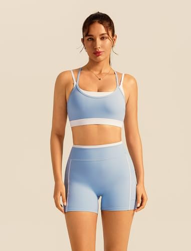Womens Workout Sets 2 Piece Matching Gym Set High Waist Shorts With Pockets & Sports Bra Yoga Athletic Outfits Set Blue M