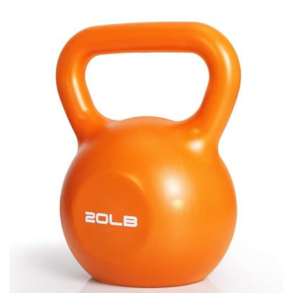 Vinyl Coated Kettlebell 20 lbs, Orange, Wide Smooth Handle, Flat Bottom, Strength Training for Home Gym Workout