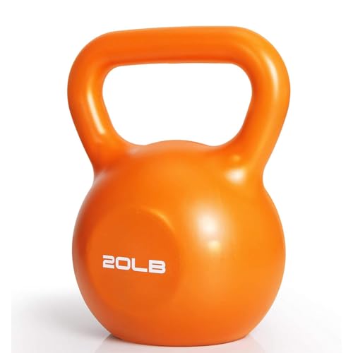 Vinyl Coated Kettlebell 20 lbs, Orange, Wide Smooth Handle, Flat Bottom, Strength Training for Home Gym Workout