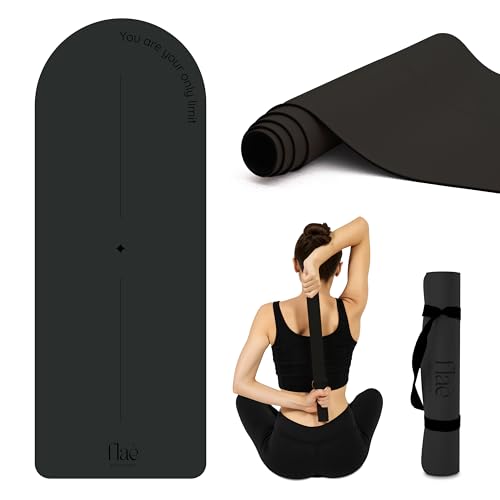 Arch-shaped Yoga Mat, Eco PU Rubber, Non-Slip Exercise Mat for Yoga, Pilates, Home Workout & Stretching with Carry/Stretch Strap & Motivational Design - color: black