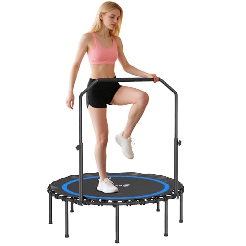 Soozier 45"/48" Rebounder Trampoline for Adults, 440lbs Foldable Mini Trampoline with Adjustable Handle, Quiet and Safe Bungee Rebounder Jumping Cardio Trainer for Indoor Outdoor Fitness Workout - color: Blue, size: 45"