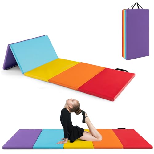 Goplus Gymnastics Mat, 6'x4' 3-Panel/6.6'x2.5' 5-Panel Folding Tumbling Mat w/Carrying Handles, Hook&Loop Fastener, Portable PU Leather Rainbow Exercise Mat for Home Gym Aerobics Yoga - color: 5-Panel,5 Color