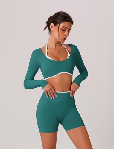 ABOCIW Workout Sets for Women 2 Piece Seamless Color Block Long Sleeve Crop Top Scrunch Butt High Waist Shorts Gym Set