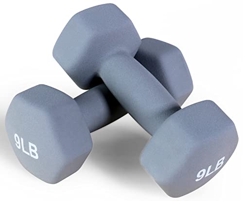 Fitvids Neoprene Dumbbell Hand Weights, Anti-Slip, Anti-roll, Hex Shape Colorful, Pair or Set with Stand - style: (9-Pound, Pair)