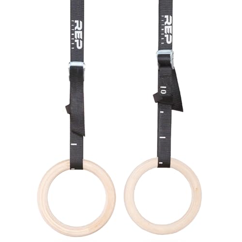 REP Fitness Wood Gymnastic Rings with Numbered Heavy Duty Adjustable Straps - Perfect for Cross-Training Workouts, Gymnastics and Conditioning - size: 1.25", style: 14' Straps