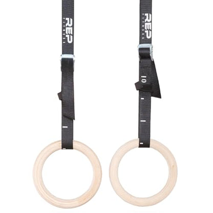 REP Fitness Wood Gymnastic Rings with Numbered Heavy Duty Adjustable Straps - Perfect for Cross-Training Workouts, Gymnastics and Conditioning - size: 1.25", style: 14' Straps