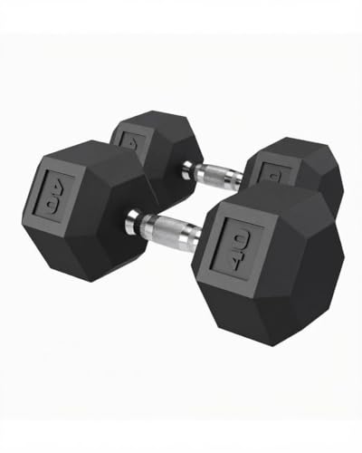 40LB Hex Dumbbells Set of 2 – Rubber/PVC Coated Cast Iron – Non-Slip Textured Carbon Steel Handles – Anti-Roll Strength Training Weights for Home Gym, Fitness Workouts – Black
