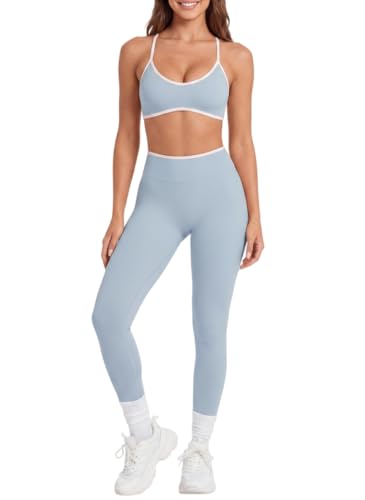 Womens Workout Sets 2 Piece Contrastline Sports Bra Seamless High Wait Butt Lifting Leggings Gym Yoga Outfits - color: Blue, size: Small