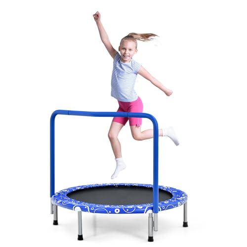 KOTEK 36 Inch Toddler Trampoline, Foldable Mini Recreational Trampoline with Handle & Safety Padded Cover, ASTM Approved Small Baby Trampoline, Indoor Trampoline for Kids, Max Load 330 Lbs - color: Blue