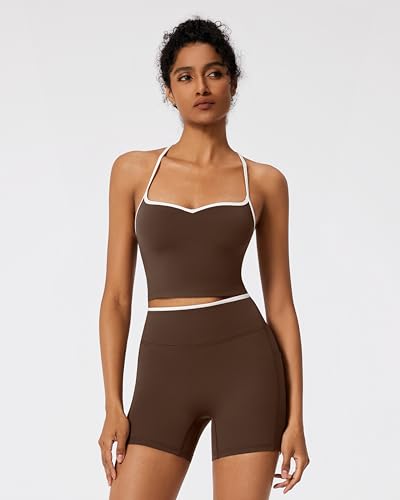 RXRXCOCO Color Block Workout Sets for Women 2 Piece Padded Strappy Tank Tops Hidden Scrunch Booty Shorts with Pockets