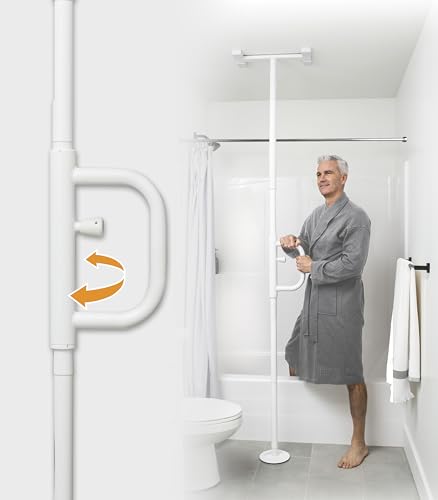 Stander Wonder Pole with Rotating Single Grab Bar, Tension Mounted Floor to Ceiling Transfer Pole for Seniors & Elderly Adults, No-Drill Support Rail with Assist Handle for Home & Bath Safety, White - color: Iceberg White