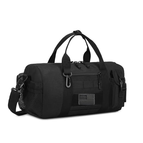 Small Tactical Duffle Bag Men Gym Pack Military Molle Shoulder Bags Shoes Storage Sports Handbag with Patch (Black) - color: Black, size: 15 x 7 x 7″ (Small)