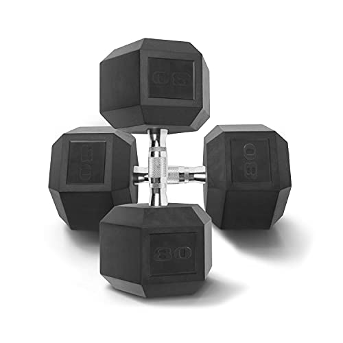 WF Athletic Supply Rubber Coated Solid Steel Cast-Iron Pair Dumbbells, Rubber Hex Dumbbells, Hex Weights Dumbbells for Muscle Toning, Full Body Workout, Home Gym Dumbbells, Pair - color: s. 80 LB Pair (2 x 80lb)